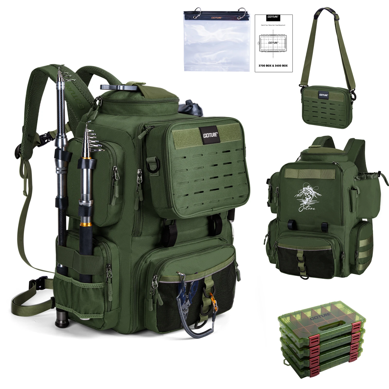 Goture 900D Water-Resistant Fishing Tackle Backpack with Rod Holders 58L Storage Gear Fishing Bag with Detachable Crossbody Bag
Goture 900D Water-Resistant Fishing Tackle Backpack with Rod Holders 58L Storage Gear Fishing Bag with Detachable Crossbody Bag