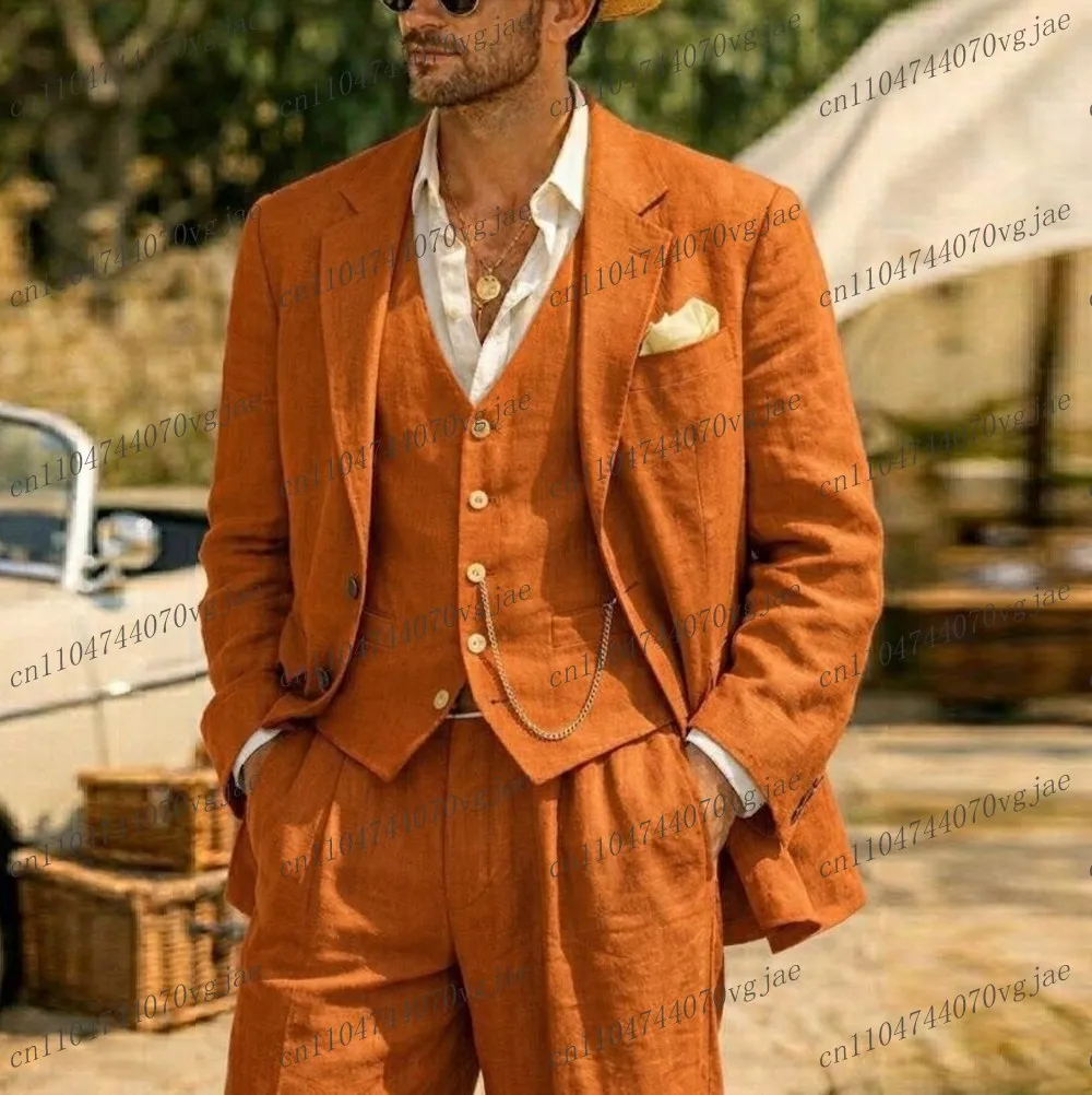 New Breathable Linen Summer Orange Men Suit Formal Wedding Party Groom Business Male Tuxedos 3 Piece Set Jacket Vest Pants
New Breathable Linen Summer Orange Men Suit Formal Wedding Party Groom Business Male Tuxedos 3 Piece Set Jacket Vest Pants