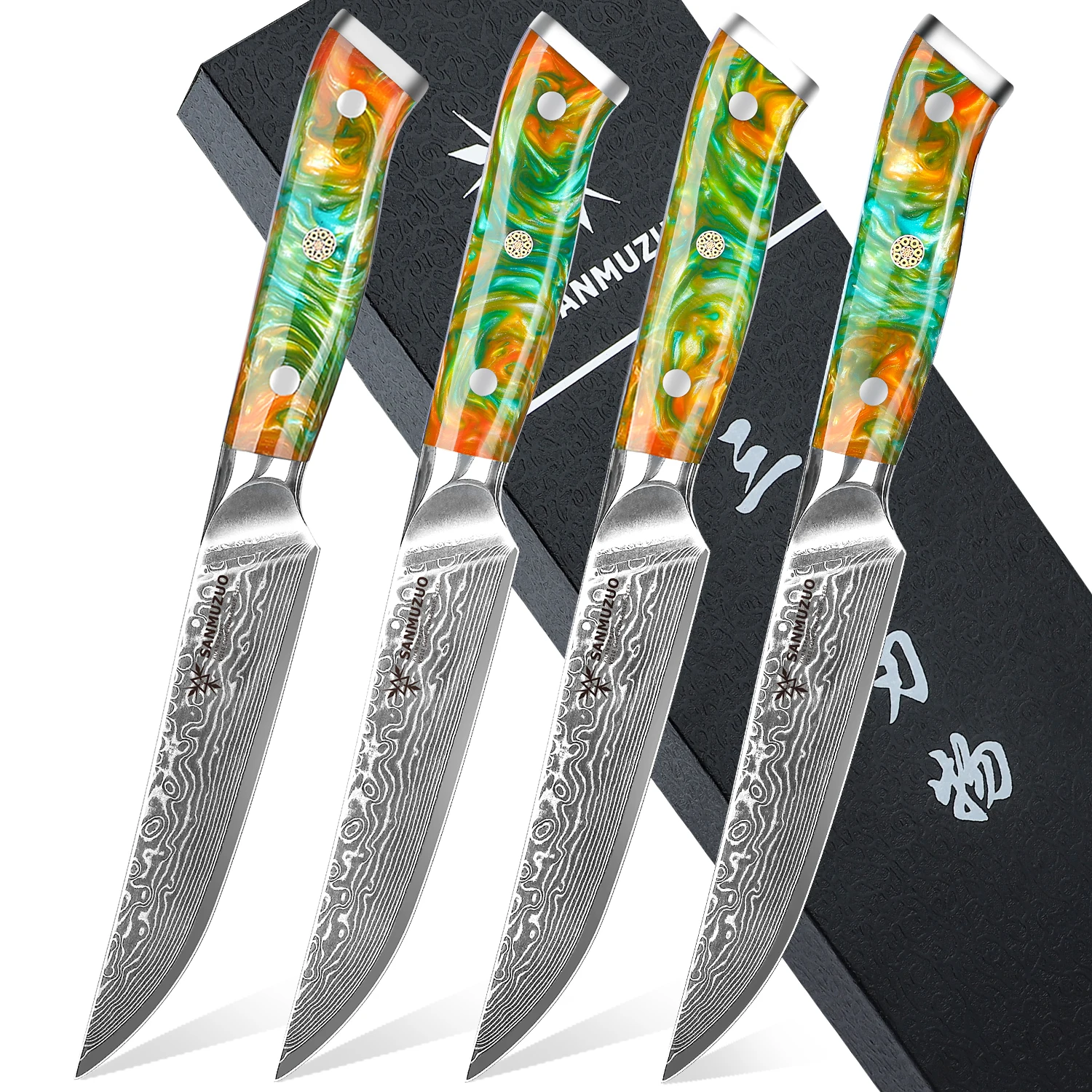 SANMUZUO 4PCS Steak Knifes - 5 Inch Non-serrated Steak Knife -XUAN Series - VG10 Damascus Steel Kitchen Knifes - Resin Handle
SANMUZUO 4PCS Steak Knifes - 5 Inch Non-serrated Steak Knife -XUAN Series - VG10 Damascus Steel Kitchen Knifes - Resin Handle