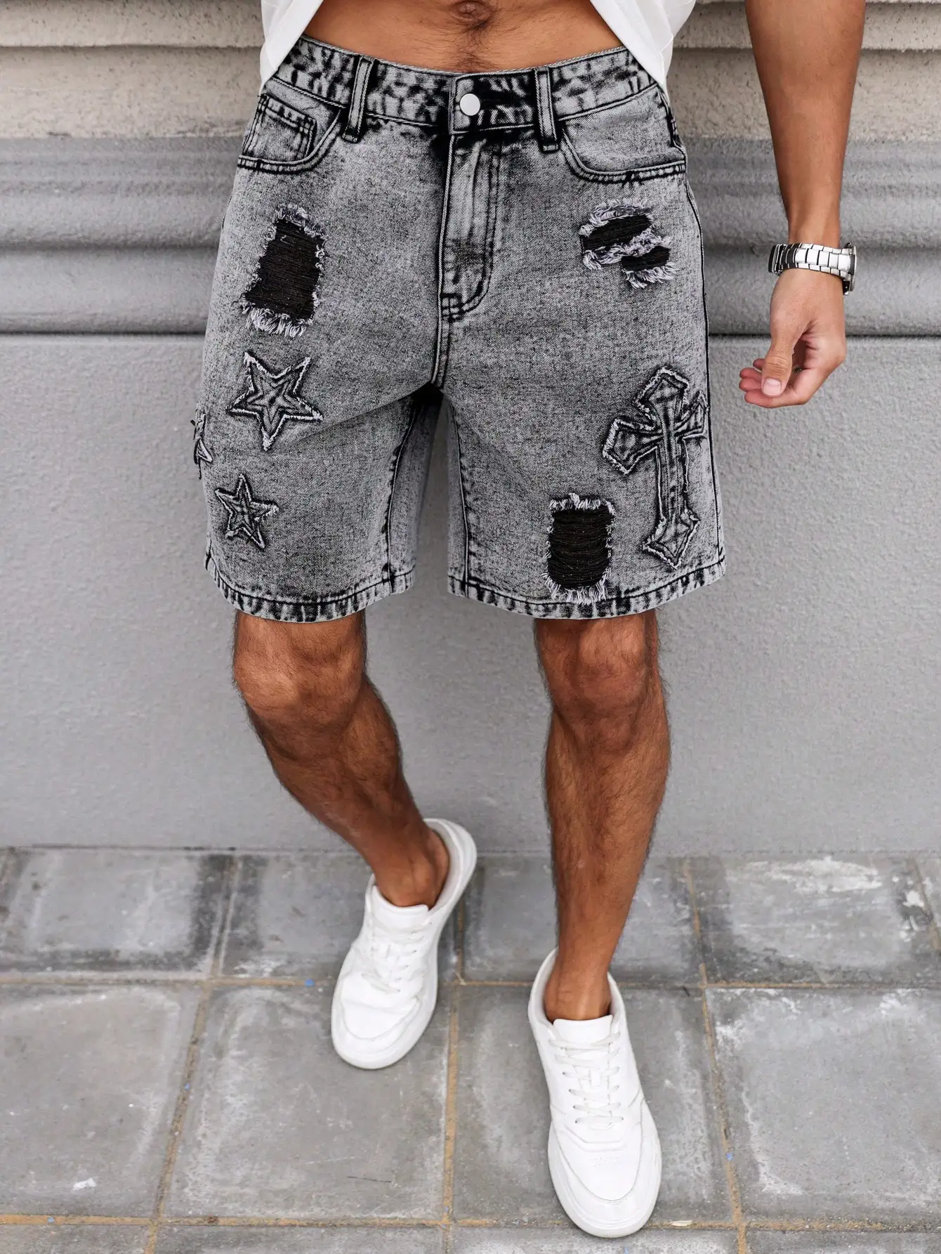 Men's Summer Denim Shorts. Straight-leg fit. Ripped design. Dark gray denim embroidered shorts
Men's Summer Denim Shorts. Straight-leg fit. Ripped design. Dark gray denim embroidered shorts