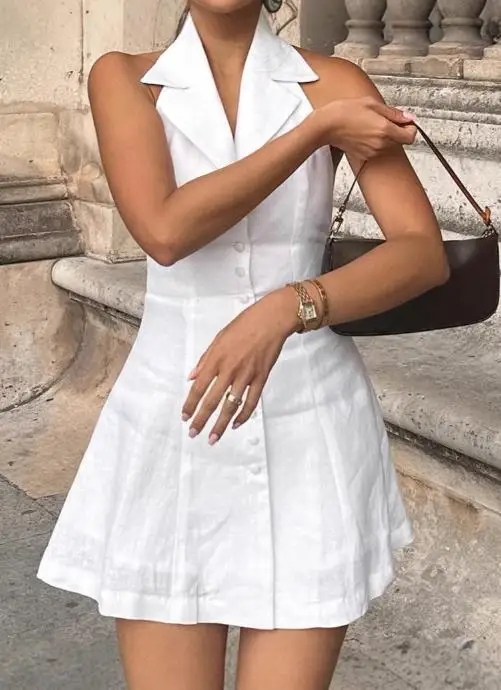 Cotton and Linen New Neck Hanging Sexy Backless Dress 2025 Spring/summer Fashion Short Skirt for Women 
Cotton and Linen New Neck Hanging Sexy Backless Dress 2025 Spring/summer Fashion Short Skirt for Women