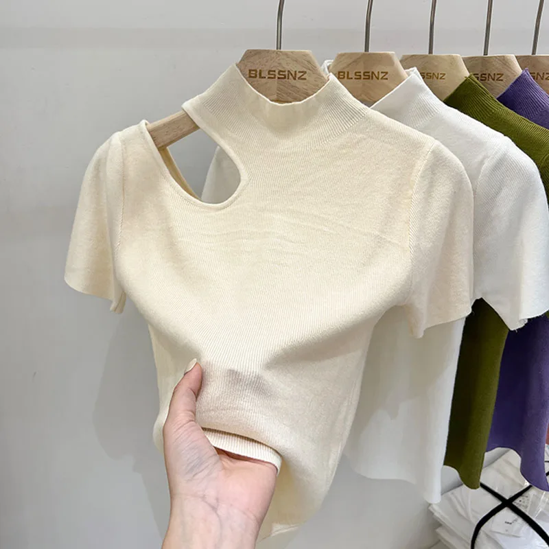 Knitwears Black Short Sleeve Knitted Sweater Women Pullovers Fashion Mock Neck Hollow Out Knit Sweater Pullover Women Tops Q2437
Knitwears Black Short Sleeve Knitted Sweater Women Pullovers Fashion Mock Neck Hollow Out Knit Sweater Pullover Women Tops Q2437