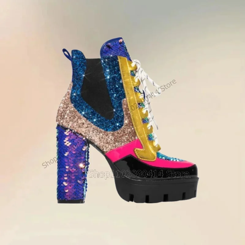 Colorful Sequins Patchwork Round Toe Platform Boots Cross Tied Women Shoes Chunky High Heels Fashion 2025 Zapatos Para Mujere
Colorful Sequins Patchwork Round Toe Platform Boots Cross Tied Women Shoes Chunky High Heels Fashion 2025 Zapatos Para Mujere