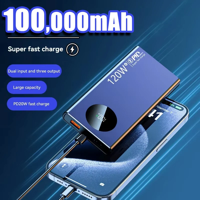 Супер быстрая зарядка 120 Вт, 100000 мАч, внешний аккумулятор большой емкости, тонкий легкий аккумулятор с цифровым дисплеем для iPhone, Samsung и Xiaomi
Супер быстрая зарядка 120 Вт, 100000 мАч, внешний аккумулятор большой емкости, тонкий легкий аккумулятор с цифровым дисплеем для iPhone, Samsung и Xiaomi