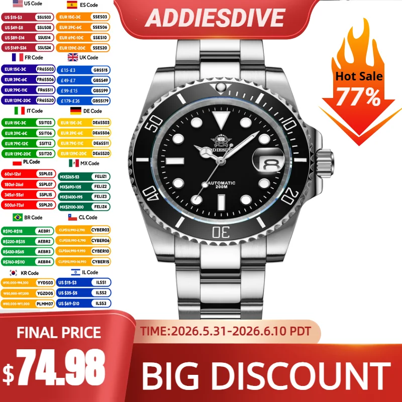 ADDIESDIVE Luxury Men's Automatic Watch 8215 Mechanical Watch BGW9 Luminous Sapphire Glass Diver's Watch Men Analog Watch AD2503
ADDIESDIVE Luxury Men's Automatic Watch 8215 Mechanical Watch BGW9 Luminous Sapphire Glass Diver's Watch Men Analog Watch AD2503