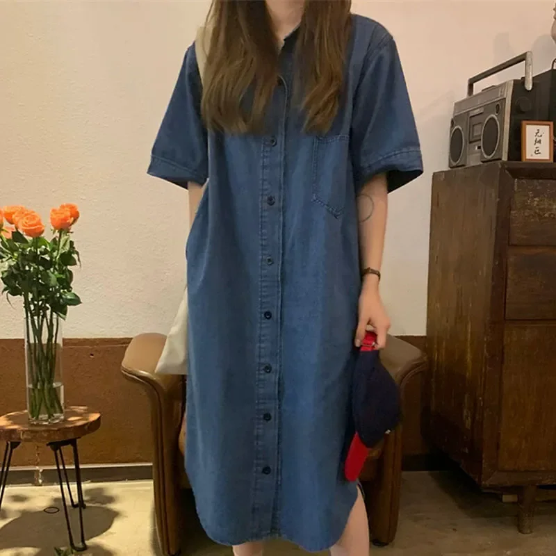 Retro Versatile Lapel Single-breasted Loose Shirt Casual Mid-length Short-sleeved Denim Dress
Retro Versatile Lapel Single-breasted Loose Shirt Casual Mid-length Short-sleeved Denim Dress