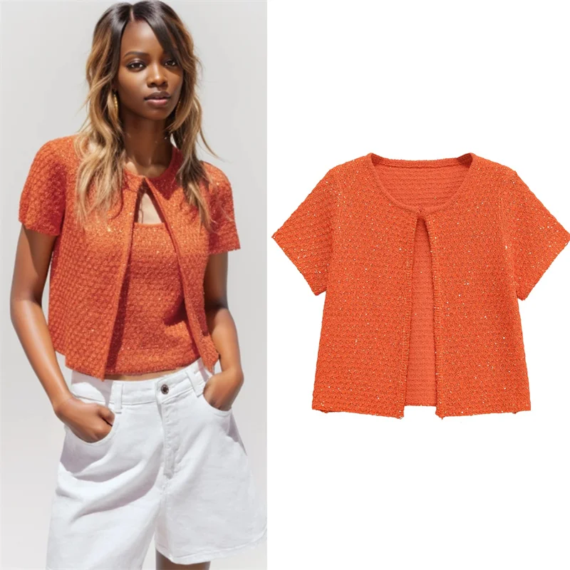 Fashion Knit Sequined Cardigan For Women Short Sleeve O-neck One Button Glitter Sweater Top 2025 Summer Lady Y2K Orange Knitwear
Fashion Knit Sequined Cardigan For Women Short Sleeve O-neck One Button Glitter Sweater Top 2025 Summer Lady Y2K Orange Knitwear