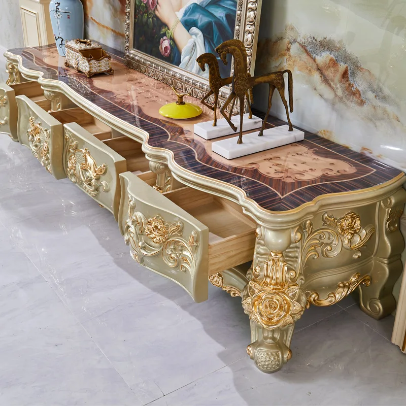 Solid wood TV cabinet, American style gold and silver engraved large apartment living room cabinet drawer
Solid wood TV cabinet, American style gold and silver engraved large apartment living room cabinet drawer