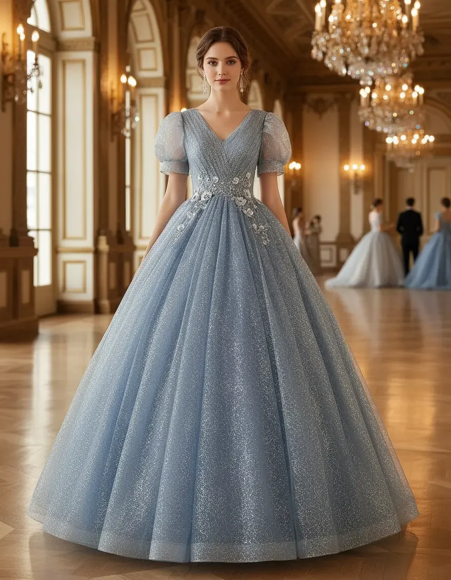Sky Blue V Neck Puff Sleeve Glitter Tulle Ball Gown Back Lace Up Quinceanera Wedding Evening Prom Formal Dress Free Petticoat
Sky Blue V Neck Puff Sleeve Glitter Tulle Ball Gown Back Lace Up Quinceanera Wedding Evening Prom Formal Dress Free Petticoat