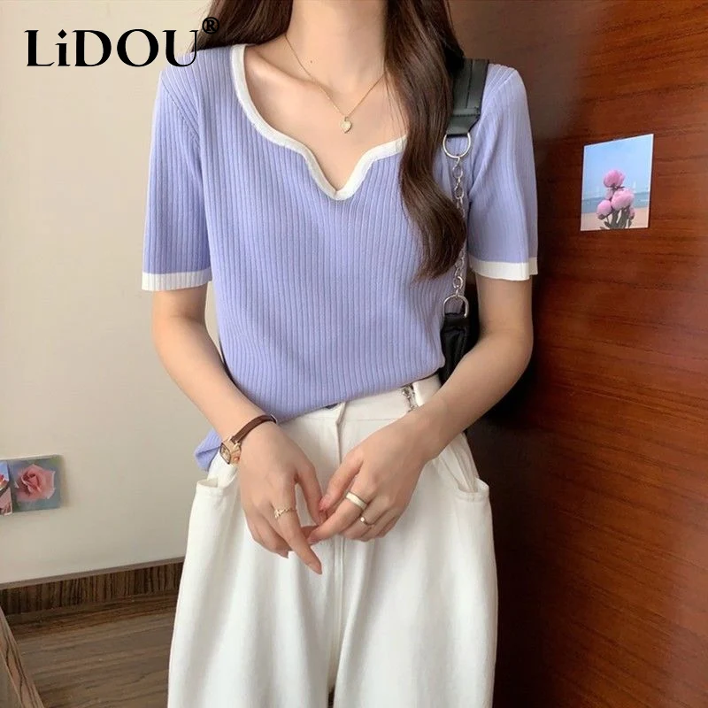 2023 Summer V-neck Contrast Color Patchwork Short Sleeve T-shirt Women Fashion Loose Comfortable Ice Silk Fabric Knitting Tees
2023 Summer V-neck Contrast Color Patchwork Short Sleeve T-shirt Women Fashion Loose Comfortable Ice Silk Fabric Knitting Tees