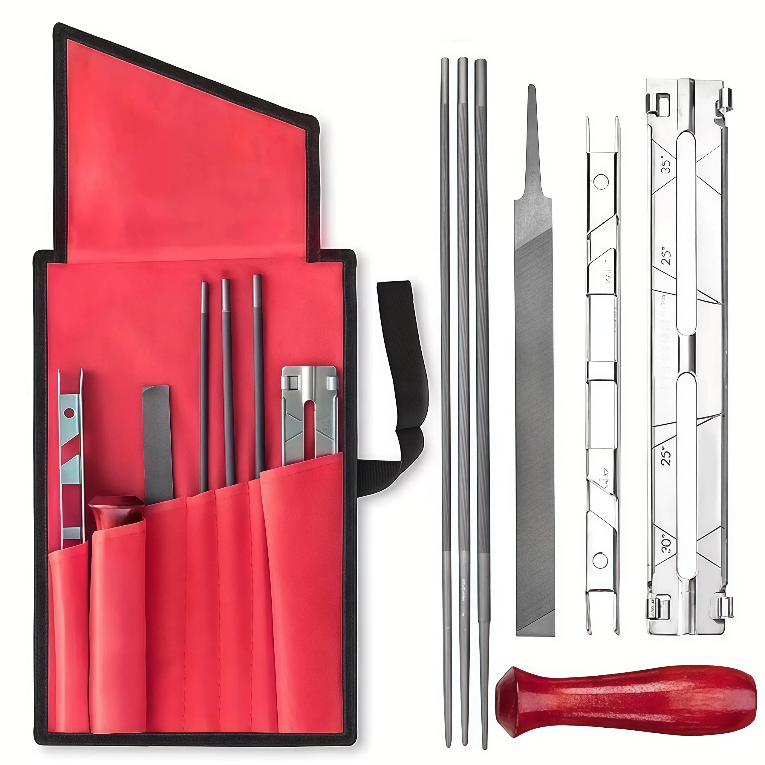 Chainsaw Sharpening Kit - 9 Piece Set with Round Files (5/32", 3/16", 7/32"), Flat File (6"), Handle, Filing Guide, and Travel P
Chainsaw Sharpening Kit - 9 Piece Set with Round Files (5/32", 3/16", 7/32"), Flat File (6"), Handle, Filing Guide, and Travel P