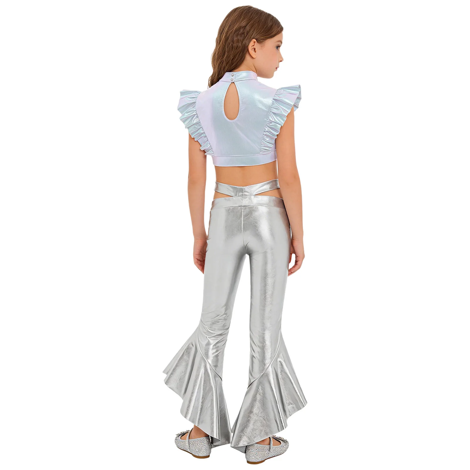 Kids Girls Disco Jazz Dance Set Sleeveless Mesh Patchwork Rhinestone Ruffle Metallic Crop Top with Shiny Ruffles Flared Pants
Kids Girls Disco Jazz Dance Set Sleeveless Mesh Patchwork Rhinestone Ruffle Metallic Crop Top with Shiny Ruffles Flared Pants