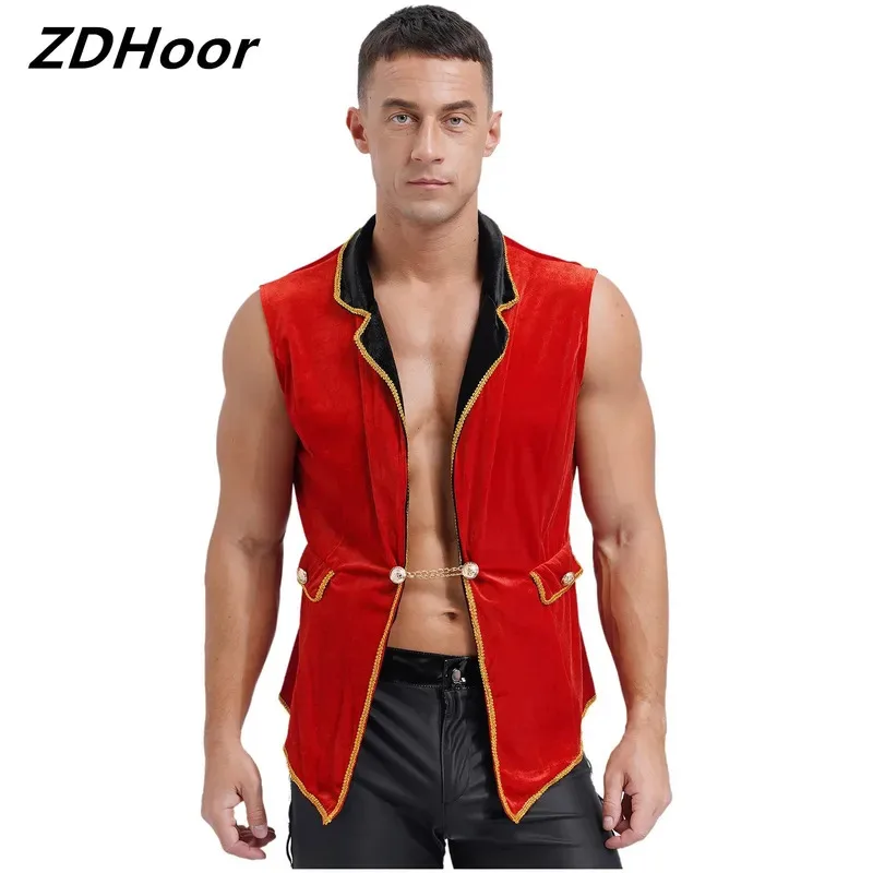 Mens Circus Ringmaster Tailcoat Halloween Cosplay Costume Lapel Sleeveless Gold Details Velvet Jacket 
Mens Circus Ringmaster Tailcoat Halloween Cosplay Costume Lapel Sleeveless Gold Details Velvet Jacket