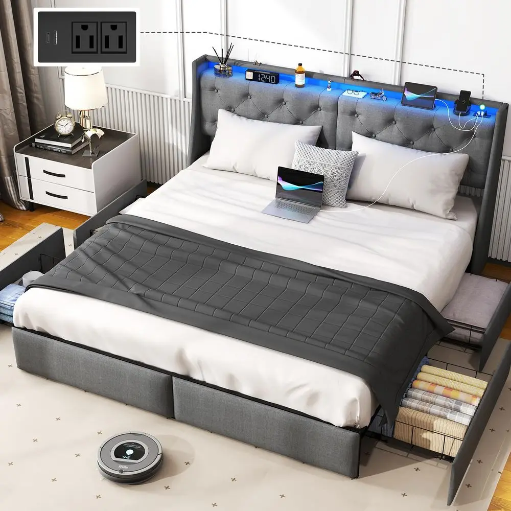 Кровать King Size с изголовьем для хранения вещей, металлическая платформа-основание King Size с 4 выдвижными ящиками, LED-подсветкой, зарядной станцией, без пружинного блока
Кровать King Size с изголовьем для хранения вещей, металлическая платформа-основание King Size с 4 выдвижными ящиками, LED-подсветкой, зарядной станцией, без пружинного блока