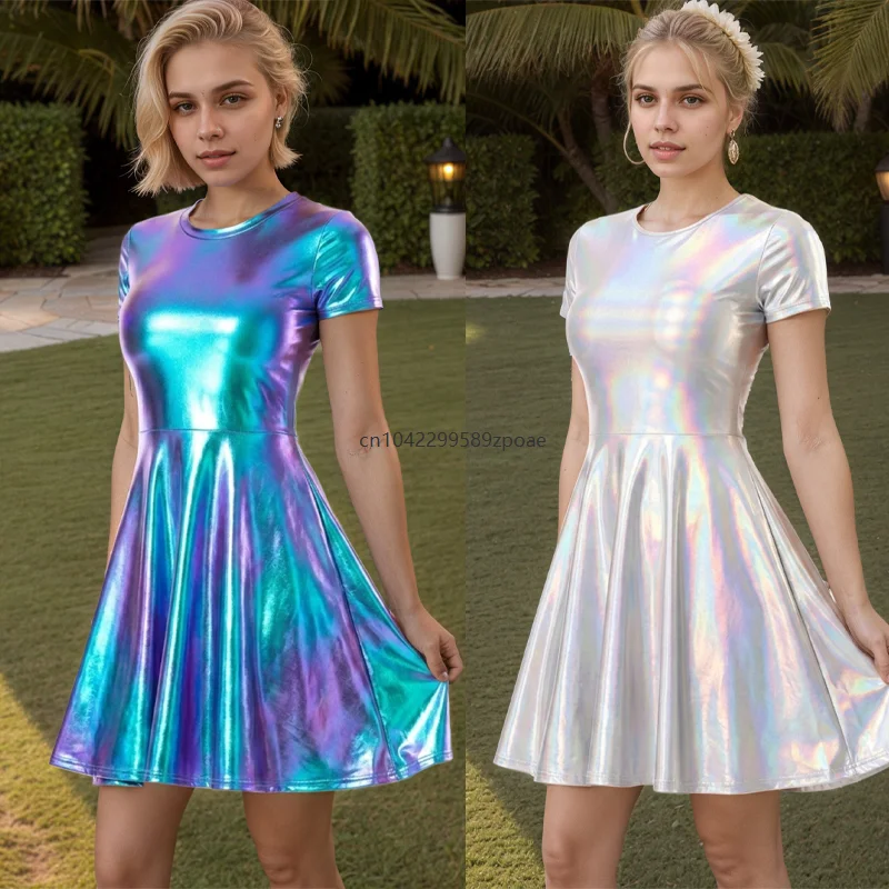 Metallic Shiny Short Sleeve Round Neck Skater Mini Dress Laser Rainbow Silver Purple Flared Swing Costume Party Club Night Dress
Metallic Shiny Short Sleeve Round Neck Skater Mini Dress Laser Rainbow Silver Purple Flared Swing Costume Party Club Night Dress