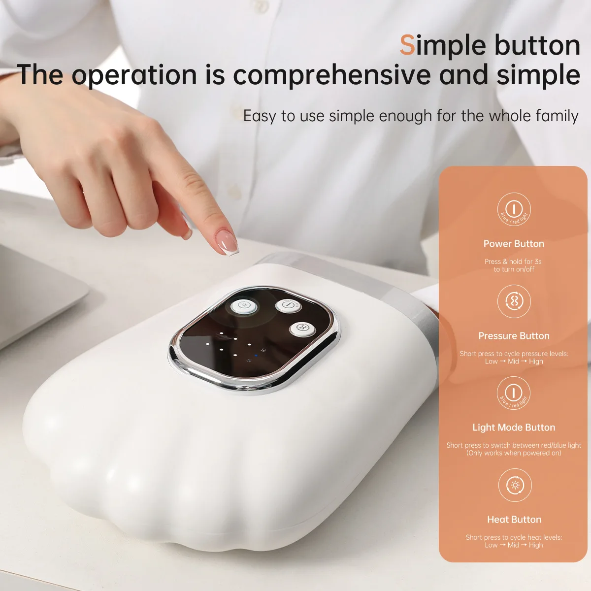 Wireless heated finger-stretching electric hand massager with separate finger massage airbags for kneading hand massage.
Wireless heated finger-stretching electric hand massager with separate finger massage airbags for kneading hand massage.