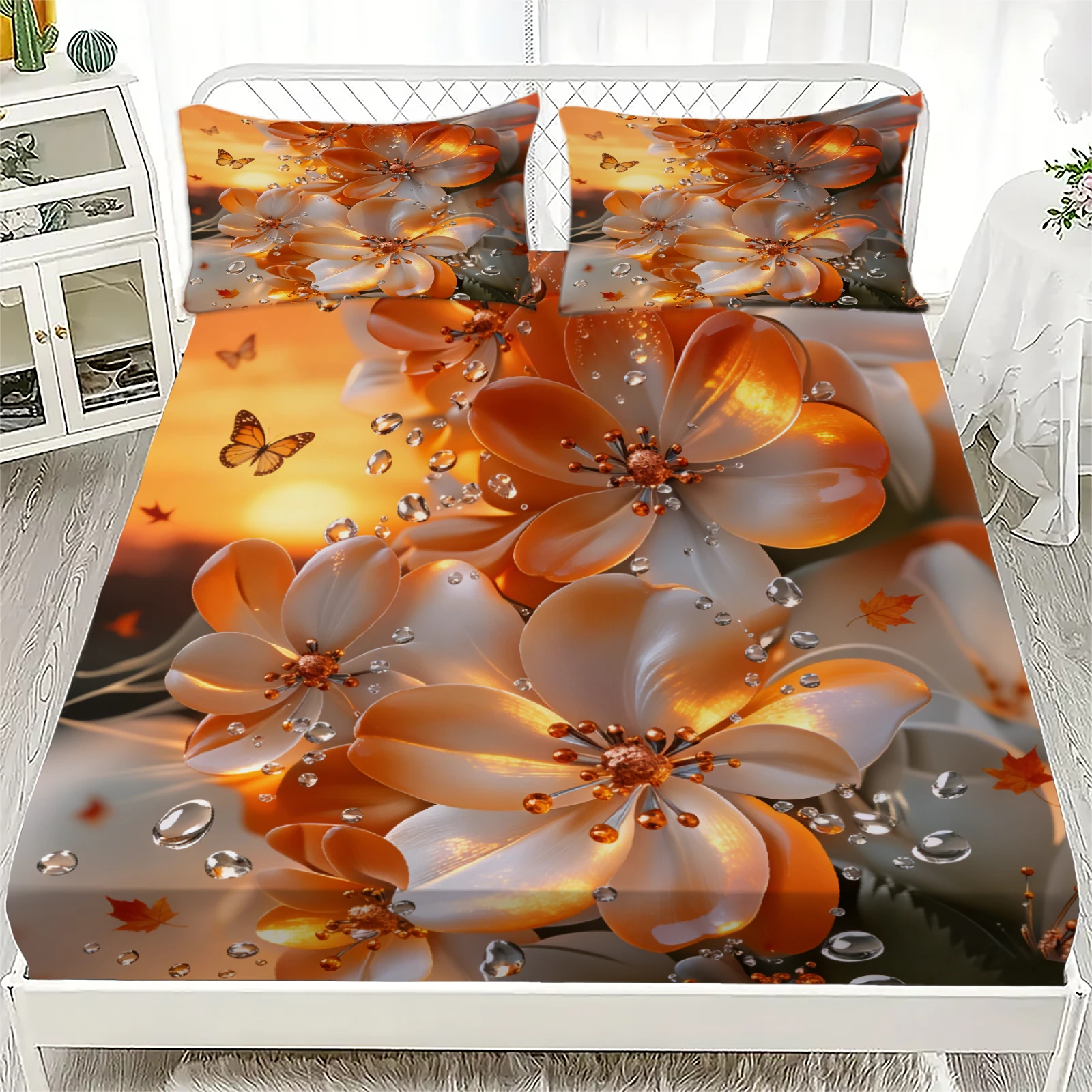 Floral Printed Fitted Sheet Set Orange With Butterflies And Dew Drops Design With Pillowcases For Bedroom Decor
Floral Printed Fitted Sheet Set Orange With Butterflies And Dew Drops Design With Pillowcases For Bedroom Decor