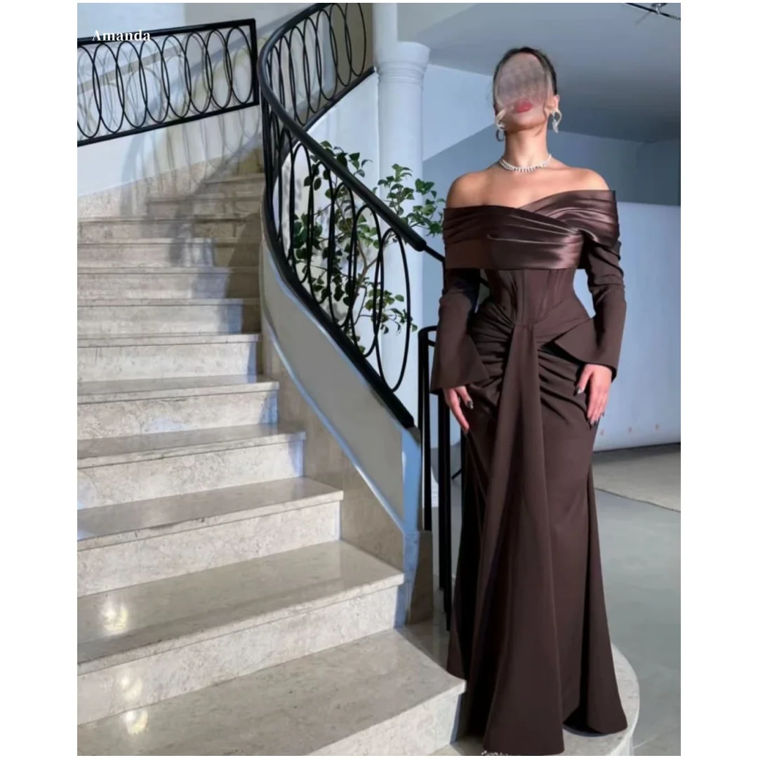 Amanda Customized Dark Brown Off-the-Shoulder Prom Dress Satin Long Sleeves Ruched Waist Slim-Fit Floor-Length Formal Evening
Amanda Customized Dark Brown Off-the-Shoulder Prom Dress Satin Long Sleeves Ruched Waist Slim-Fit Floor-Length Formal Evening