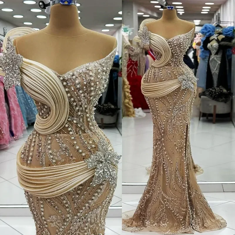 Champagne Pearls Prom Dresses Sexy Beaded Crystal Applique Evening Dress Sequined Lace Floor Length Party Gown Customized
Champagne Pearls Prom Dresses Sexy Beaded Crystal Applique Evening Dress Sequined Lace Floor Length Party Gown Customized
