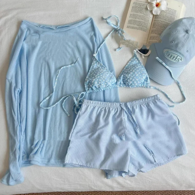 Women Blue Floral 4 Piece Swimsuit Set Bikini Sun Protection Top Shorts for Beach Vacation
Women Blue Floral 4 Piece Swimsuit Set Bikini Sun Protection Top Shorts for Beach Vacation