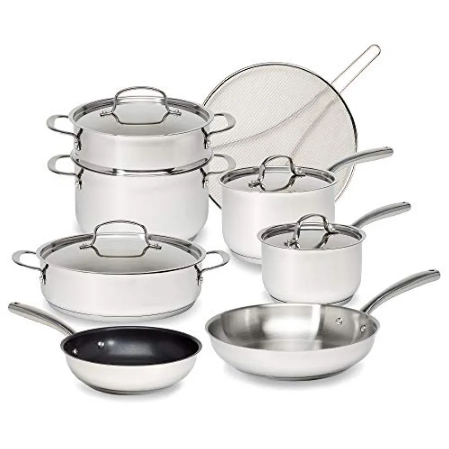 12-Piece Classic Stainless Steel Cookware Set with Tri-Ply Base for Even Heating Durable Impact Bonded Pots and Pans Dishwasher
12-Piece Classic Stainless Steel Cookware Set with Tri-Ply Base for Even Heating Durable Impact Bonded Pots and Pans Dishwasher