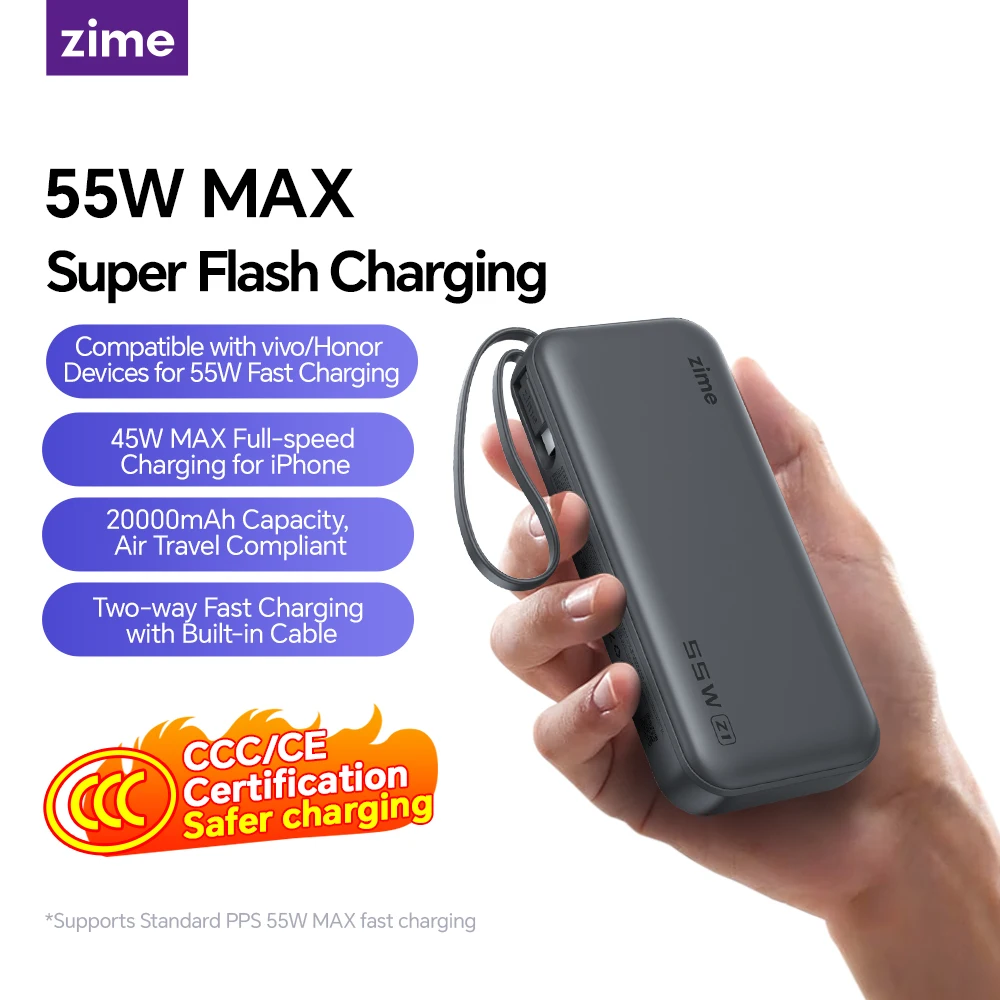 Встроенный кабель zime, 55 Вт, 20000 мАч, портативный внешний аккумулятор, двусторонняя сверхбыстрая зарядка для Macbook Pro, iPhone 17 16, 15 и Xiaomi
Встроенный кабель zime, 55 Вт, 20000 мАч, портативный внешний аккумулятор, двусторонняя сверхбыстрая зарядка для Macbook Pro, iPhone 17 16, 15 и Xiaomi