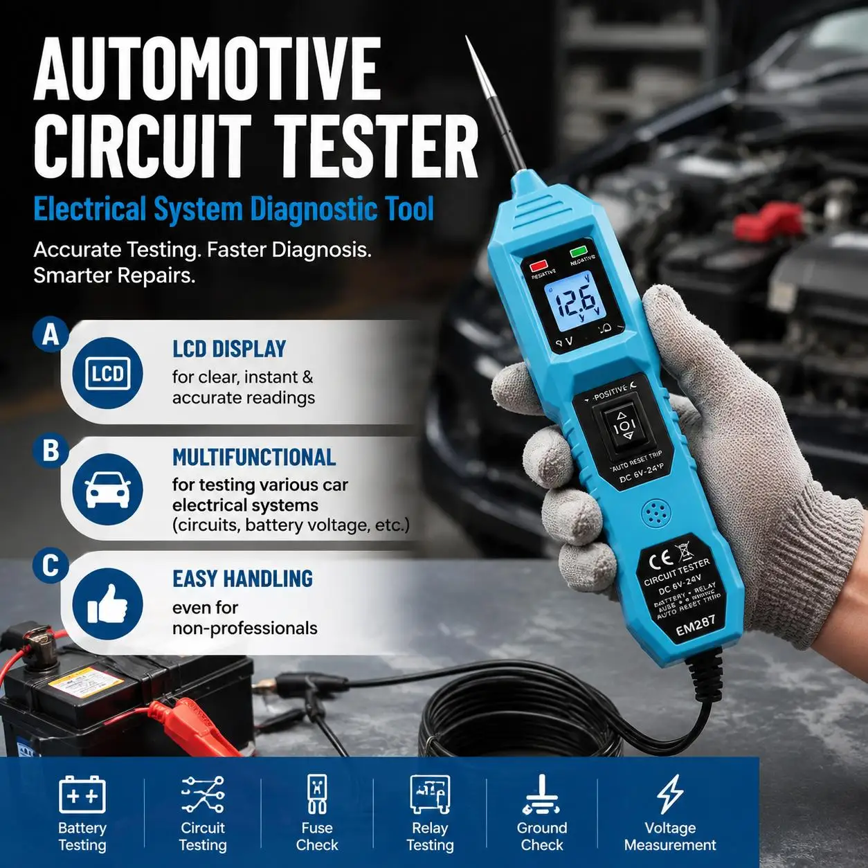 Multifunctional Car Circuit Tester Diagnostic Tool with LCD Display Power Probe Kit for Automotive Electrical Repair and Car Electrical System Testing High Precision Voltage Tester 12V 24V 6V 36V 48V Compatible with Battery Alternator Starter
Multifunctional Car Circuit Tester Diagnostic Tool with LCD Display Power Probe Kit for Automotive Electrical Repair and Car Electrical System Testing High Precision Voltage Tester 12V 24V 6V 36V 48V Compatible with Battery Alternator Starter