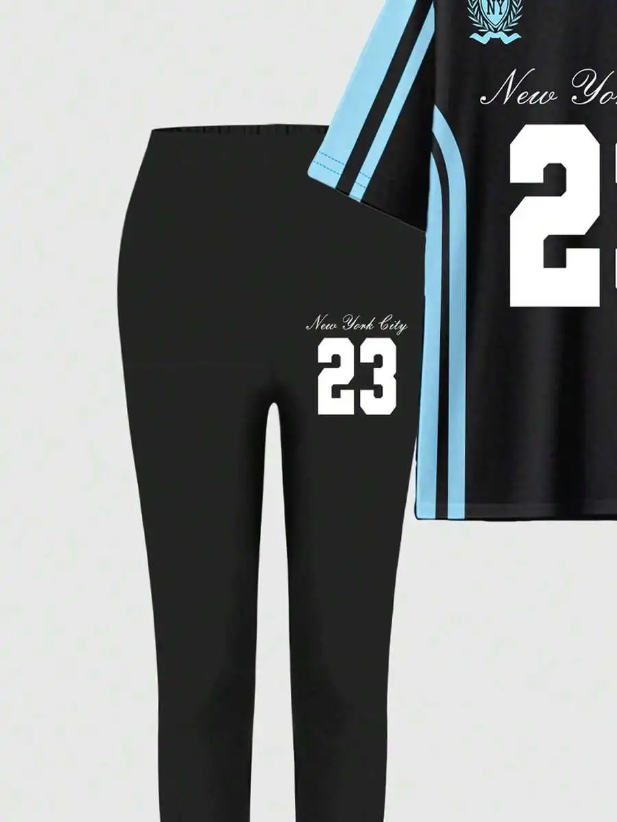 Womens Sporty 2-Piece Set With Number 23 Print Short Sleeve Top And Skinny Leggings
Womens Sporty 2-Piece Set With Number 23 Print Short Sleeve Top And Skinny Leggings