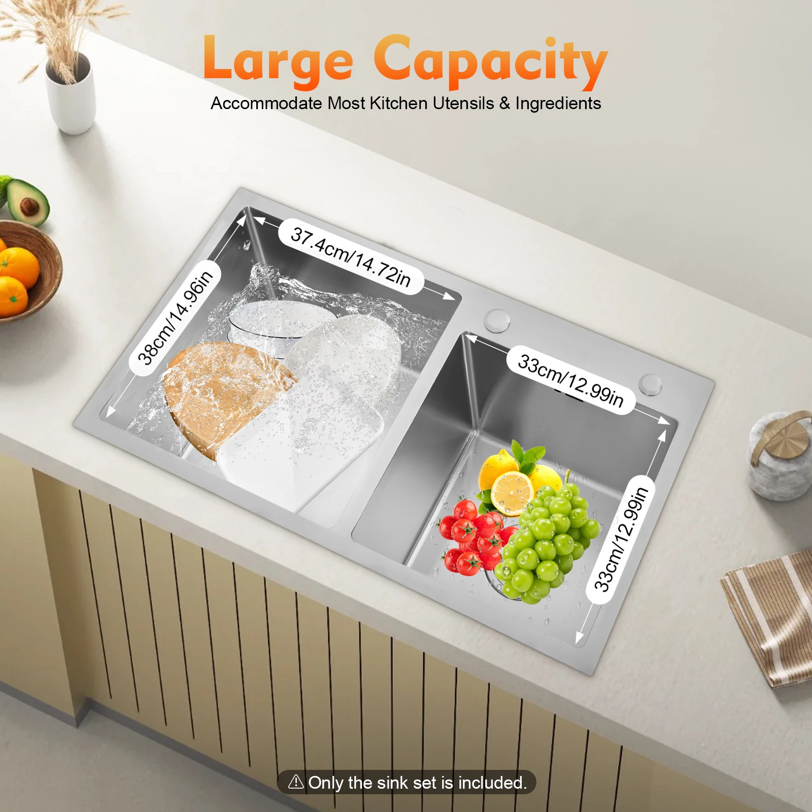 Double Bowl Stainless Steel Kitchen Sink, with a Drain Basket,Chef Design Sink, for Basements, Bars, Kitchens, Backyards
Double Bowl Stainless Steel Kitchen Sink, with a Drain Basket,Chef Design Sink, for Basements, Bars, Kitchens, Backyards