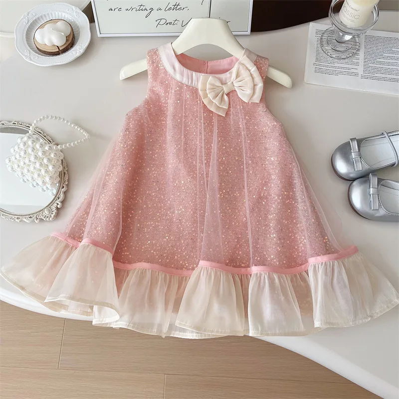 Korean Summer Children Girls Dress Cute Bow Collar Sleeveless Baby Girl Dress A-line Pink Sequins Mesh Kids Party Princess Dress
Korean Summer Children Girls Dress Cute Bow Collar Sleeveless Baby Girl Dress A-line Pink Sequins Mesh Kids Party Princess Dress