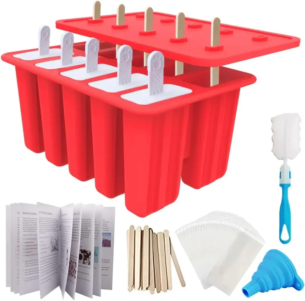Red Homemade Popsicle Mold Kit: 10-cav, BPA-free silicone, 50 sticks/bags, 10 reusable pops, funnel, brush & recipe.
Red Homemade Popsicle Mold Kit: 10-cav, BPA-free silicone, 50 sticks/bags, 10 reusable pops, funnel, brush & recipe.
