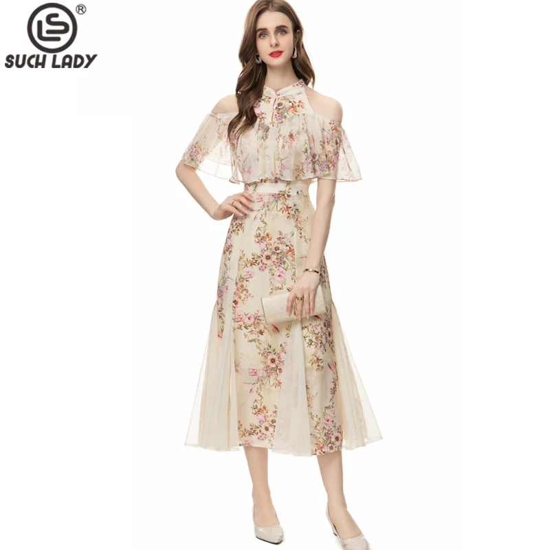 Women's Runway Dresses Stand Collar Off the Shoulder Printed Floral Ruffles Elegant Designer Maxi Vestidos
Women's Runway Dresses Stand Collar Off the Shoulder Printed Floral Ruffles Elegant Designer Maxi Vestidos