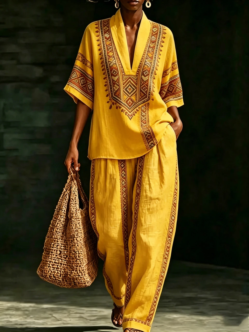 V Neck Short Sleeved Tops Boho Geometric Print Wide-leg Pants Two-piece Set Summer New Women's Casual Loose Two-piece Set
V Neck Short Sleeved Tops Boho Geometric Print Wide-leg Pants Two-piece Set Summer New Women's Casual Loose Two-piece Set