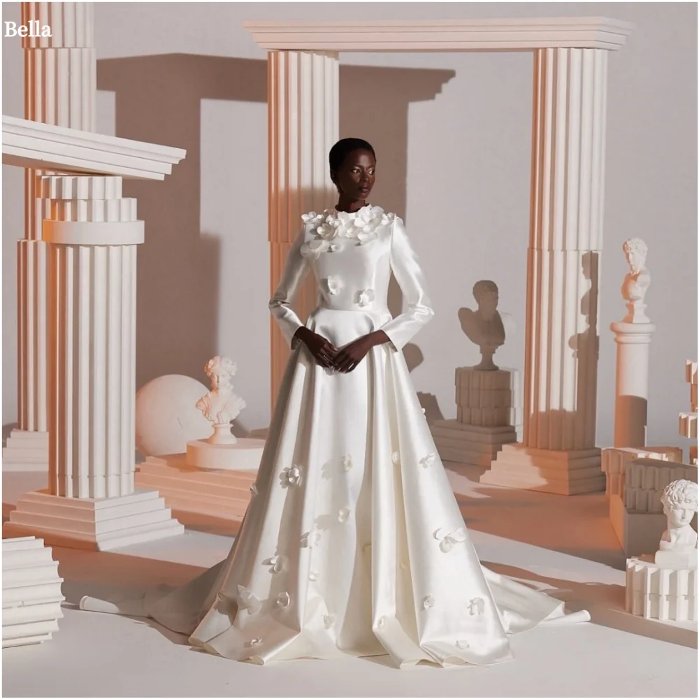 Bella Customized White 3D Flowers Long Sleeves robes de soirée O-Neck Satin A-line Party Dresses Floor-Length Prom Dress 2025
Bella Customized White 3D Flowers Long Sleeves robes de soirée O-Neck Satin A-line Party Dresses Floor-Length Prom Dress 2025