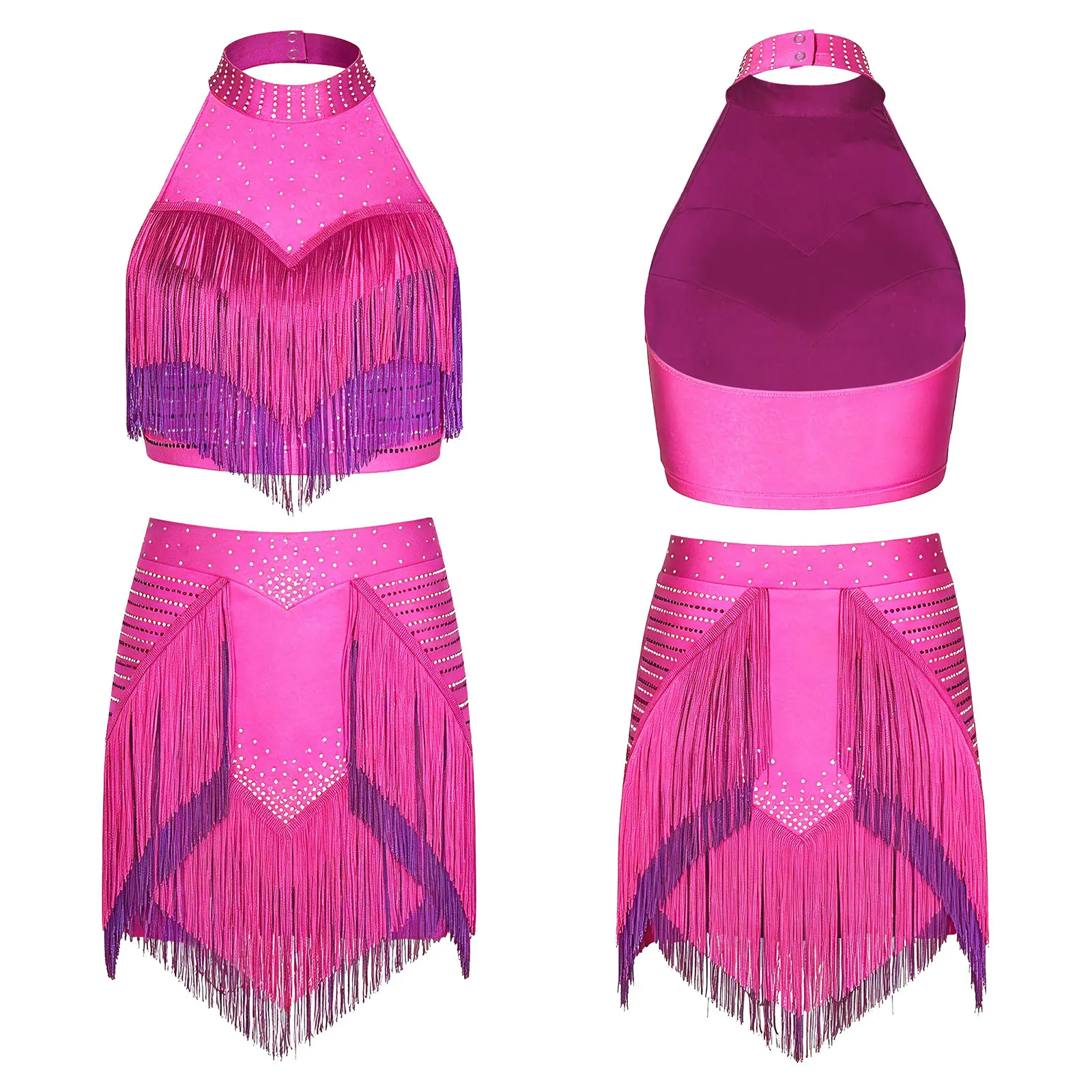 Women Latin Rumba Cha-cha Tango Dance Outfit Halter Backless Crop Top And Tiered Tassel Skirt with Built-in Briefs
Women Latin Rumba Cha-cha Tango Dance Outfit Halter Backless Crop Top And Tiered Tassel Skirt with Built-in Briefs