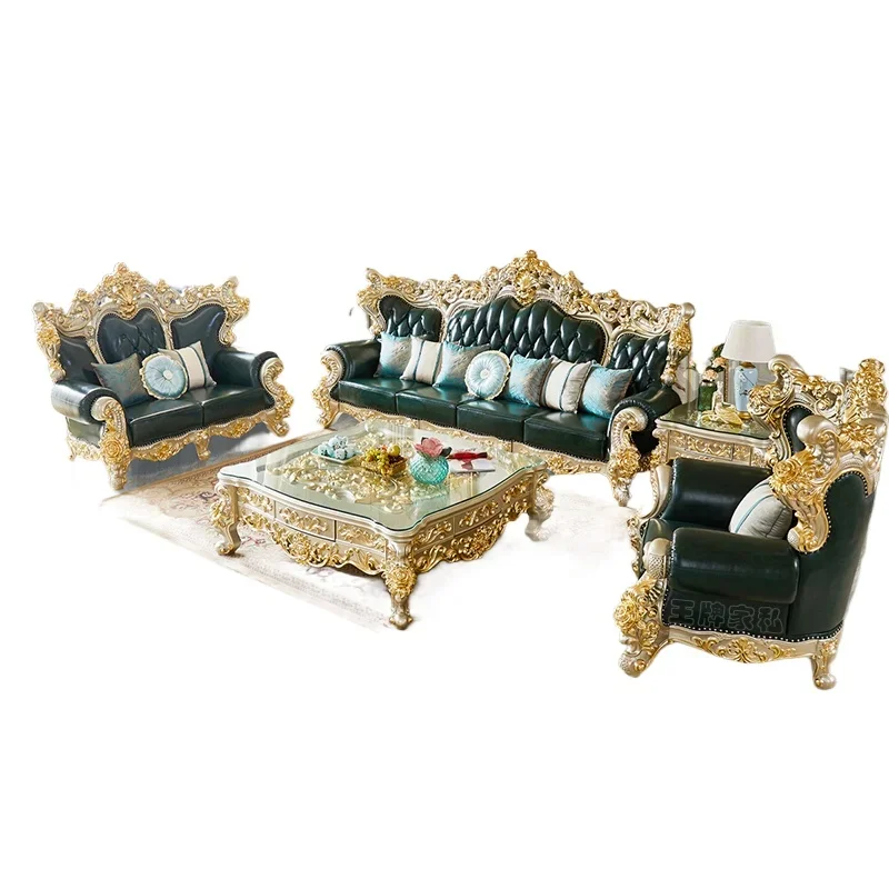European-style villa high-end golden sofa combination, living room leather 2025 new full carving flower gold foil sofa
European-style villa high-end golden sofa combination, living room leather 2025 new full carving flower gold foil sofa