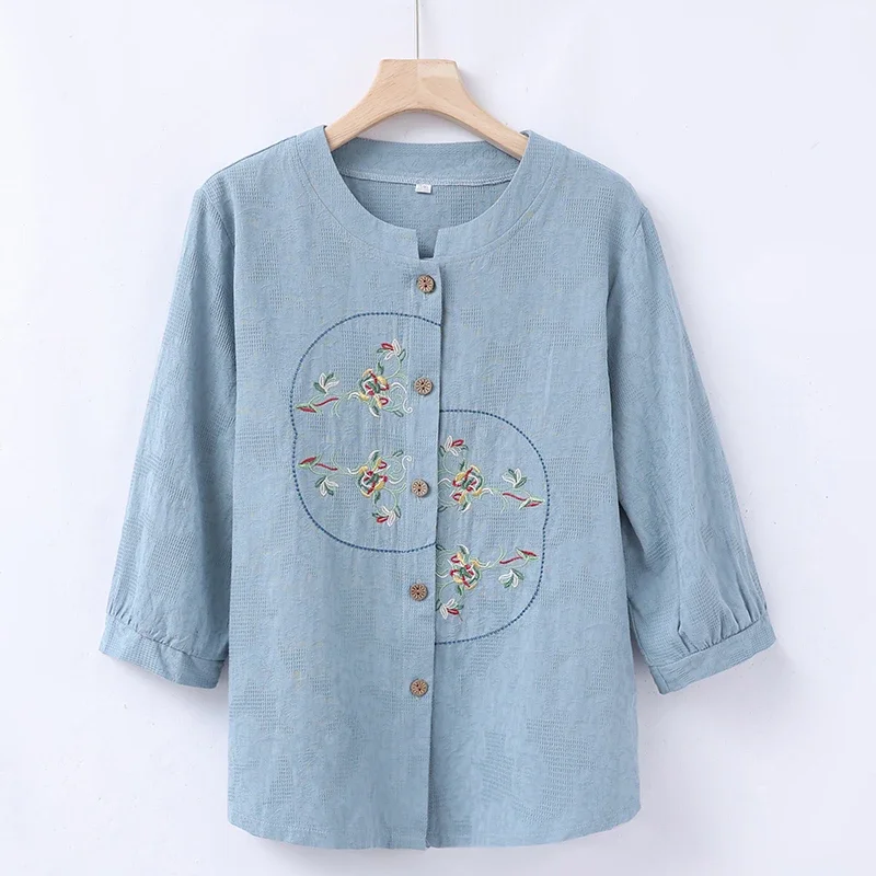 Women's Floral Embroidery Cotton Linen Blouse 3/4 Sleeve Round Neck Casual Loose Button Up Shirt
Women's Floral Embroidery Cotton Linen Blouse 3/4 Sleeve Round Neck Casual Loose Button Up Shirt