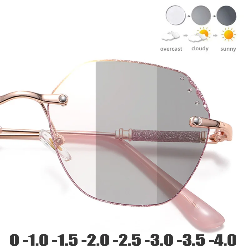 Oversize Rimless Photochromic Myopia Glasses for Women Twinkling Anti-blue Light Near Sighted Eyewear UV Goggle Shades 0 to-4.0
Oversize Rimless Photochromic Myopia Glasses for Women Twinkling Anti-blue Light Near Sighted Eyewear UV Goggle Shades 0 to-4.0