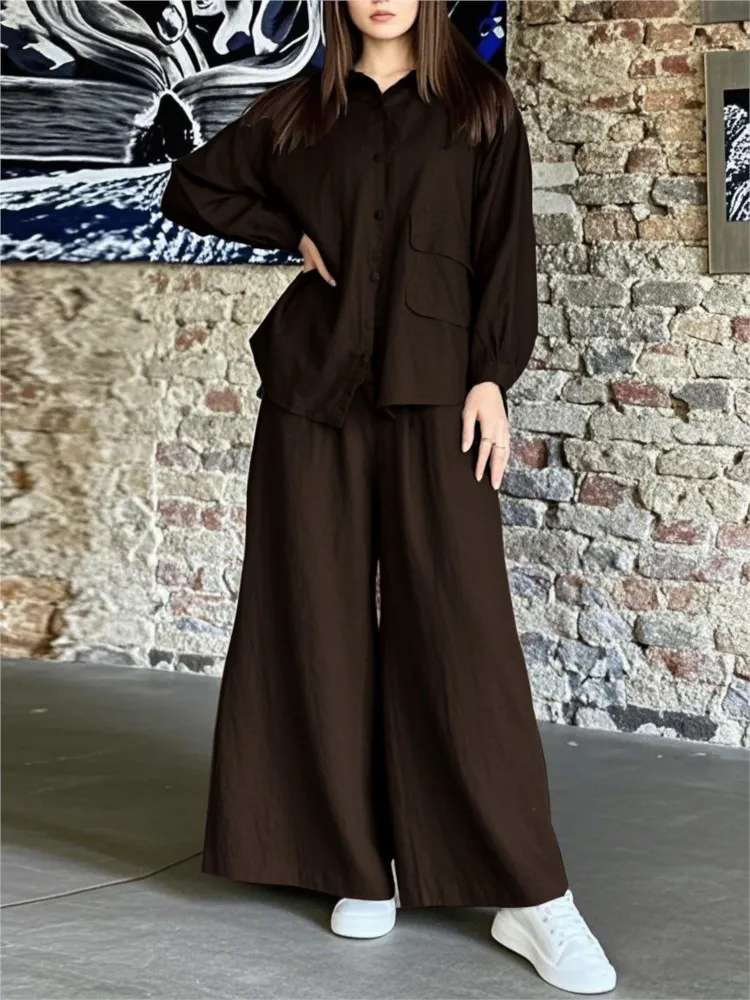 Fashion Lapel Single-breasted Shirt Top + Wide-leg Pants 2-piece Set Women Elegant Solid Color Autumn Loose Casual Suits Female
Fashion Lapel Single-breasted Shirt Top + Wide-leg Pants 2-piece Set Women Elegant Solid Color Autumn Loose Casual Suits Female