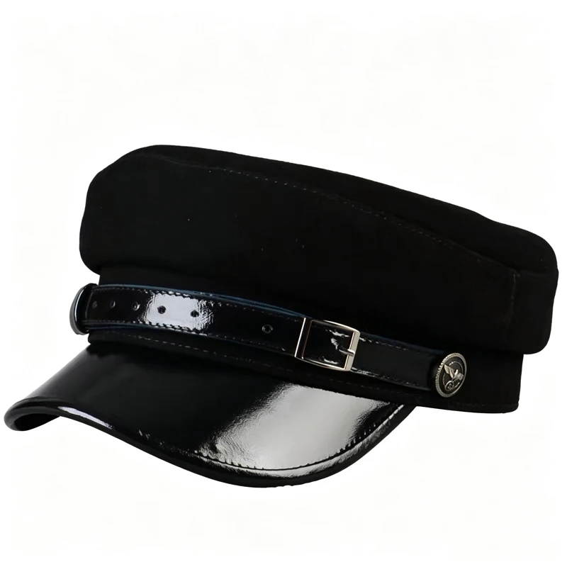 Men's Genuine Leather Suede Hats British Flat-Top Patent Leather Cap for Man Glossy Sailor Hat with Belt Brown Chapeau Homme
Men's Genuine Leather Suede Hats British Flat-Top Patent Leather Cap for Man Glossy Sailor Hat with Belt Brown Chapeau Homme