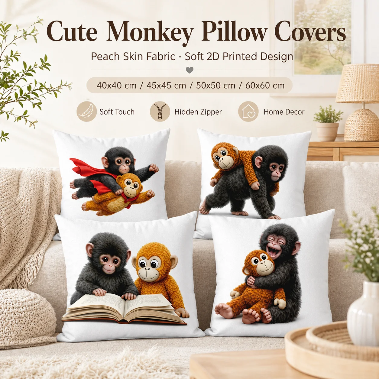Cute Monkey Peach Skin Pillow Cover 2D Flat Printed Chimpanzee Cushion Cover For Kids Room Nursery Sofa Decor 45x45 50x50 60x60
Cute Monkey Peach Skin Pillow Cover 2D Flat Printed Chimpanzee Cushion Cover For Kids Room Nursery Sofa Decor 45x45 50x50 60x60
