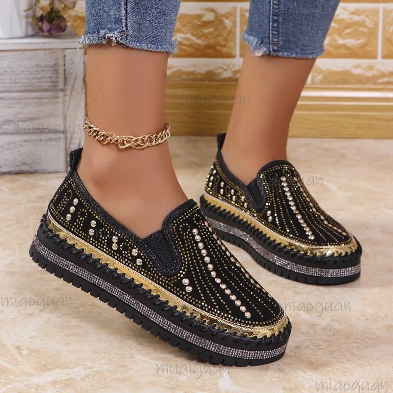 Женские лоферы без шнуровки с круглым носком, модная Нескользящая повседневная обувь с блестками и кристаллами для женщин, туфли на плоской подошве с толстой подошвой, весна-лето
Женские лоферы без шнуровки с круглым носком, модная Нескользящая повседневная обувь с блестками и кристаллами для женщин, туфли на плоской подошве с толстой подошвой, весна-лето