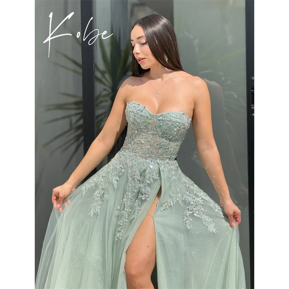 Kobe Green Side High Split Prom Dresses Strapless Sleeveless Customized فساتين سهرات Chapel Train vestido de gala noche mujer
Kobe Green Side High Split Prom Dresses Strapless Sleeveless Customized فساتين سهرات Chapel Train vestido de gala noche mujer