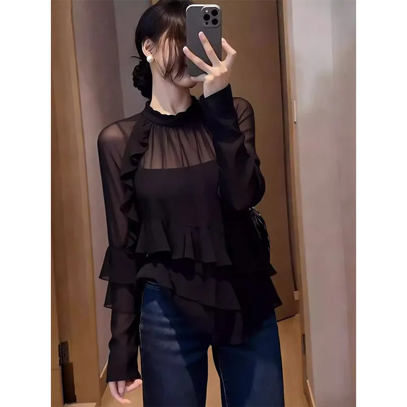 Black Mesh Long Sleeve Shirt Women's Loose Design Sensation Summer Upper Apparel Lace Hemline See through Commute Style
Black Mesh Long Sleeve Shirt Women's Loose Design Sensation Summer Upper Apparel Lace Hemline See through Commute Style