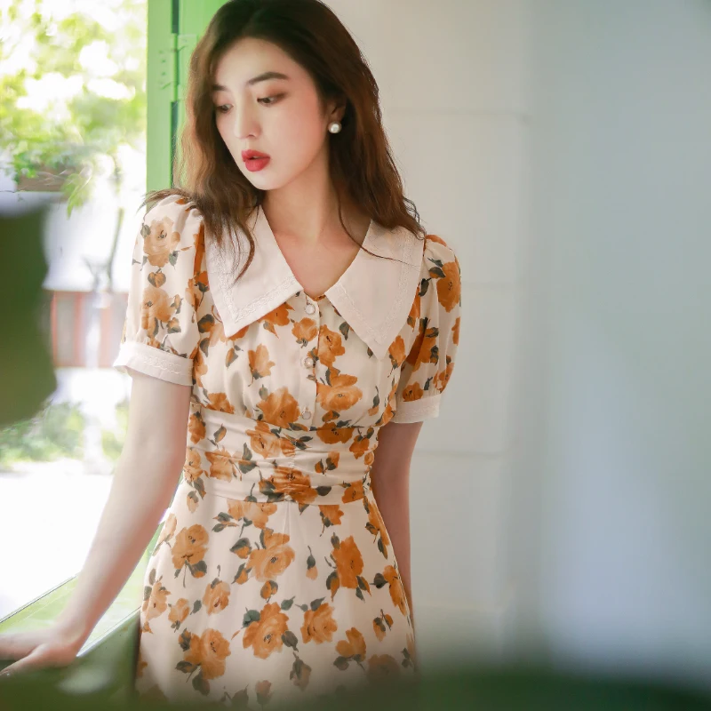 Floral Print Summer Dress Women's Doll Collar Retro Tea Break Chiffon Design Gentle First Love Skirt High Waist Bubble Sleeve
Floral Print Summer Dress Women's Doll Collar Retro Tea Break Chiffon Design Gentle First Love Skirt High Waist Bubble Sleeve