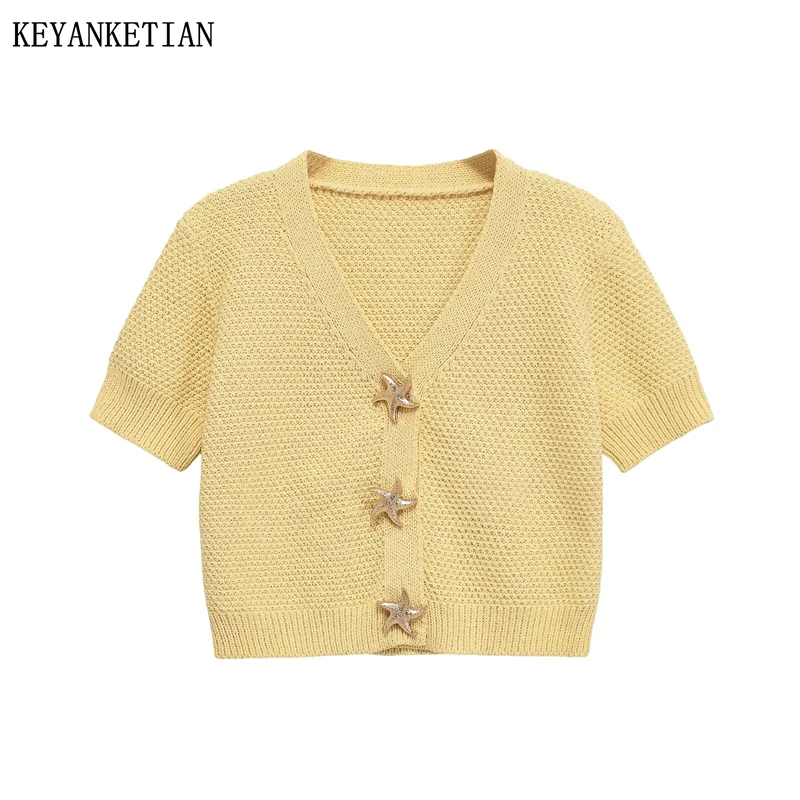 KEYANKETIAN Summer New Women's V-neck Short Sleeved Starfish Button Knit Cardigan Women Short Sleeved Sweater
KEYANKETIAN Summer New Women's V-neck Short Sleeved Starfish Button Knit Cardigan Women Short Sleeved Sweater