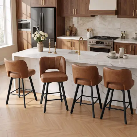Set of 4 Bar Stools, Counter Height Bar Chairs with Curved Backrest & Footrest, Upholstered Modern Bar Stools for Kitchen Island, Black Metal Legs, Tan/Olive Green
