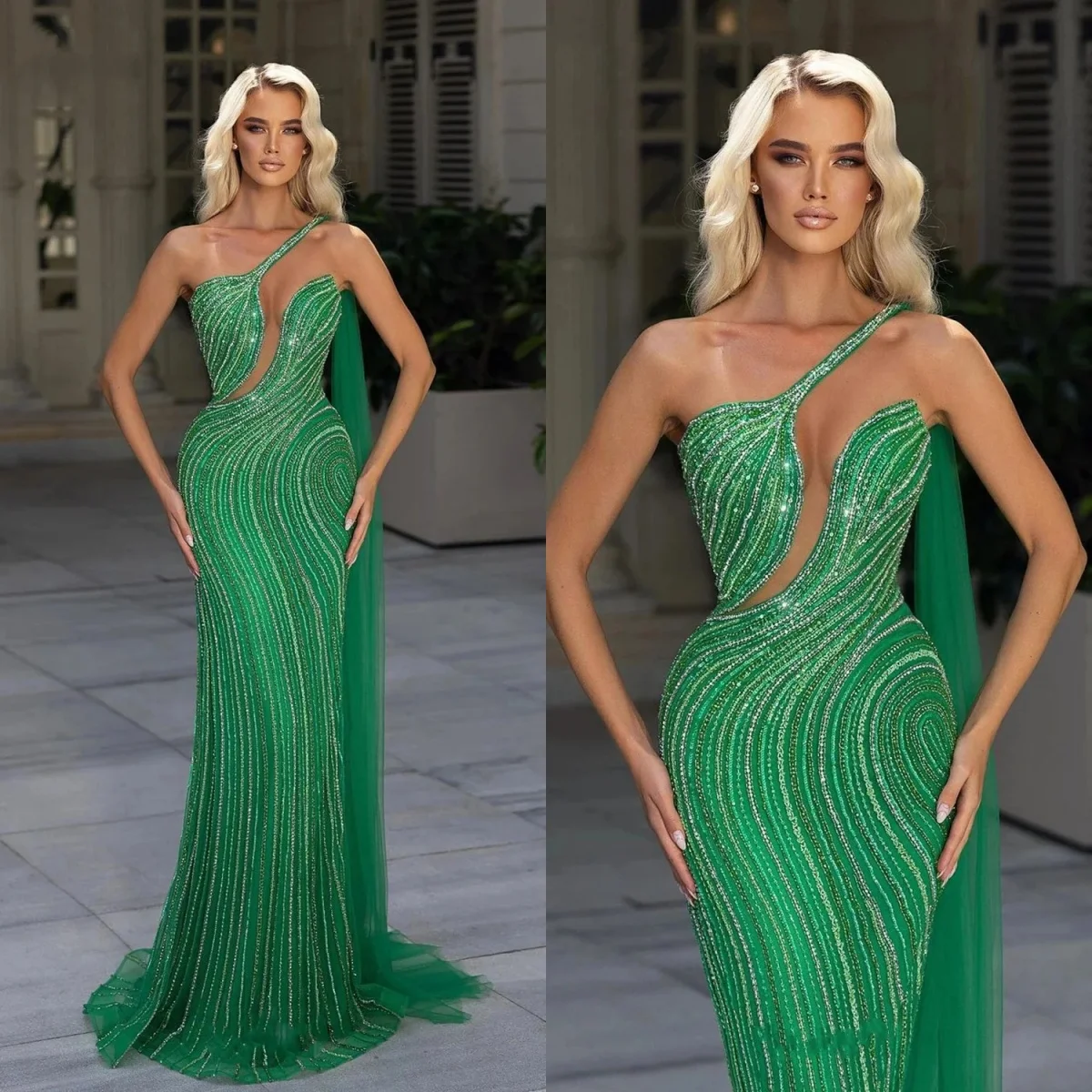 Classic Evening Dresses One Shoulder Sheer Neck Sleeveless Gown Sequins Lace Sweep Train Dress Party Customized Dress
Classic Evening Dresses One Shoulder Sheer Neck Sleeveless Gown Sequins Lace Sweep Train Dress Party Customized Dress