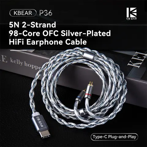 KBEAR P36 5N 2 hebras 98 núcleos OFC Cable de auriculares HiFi chapado en plata enchufe tipo C 0,78mm Cable de auriculares de Cable HiFi mejorado de 2 pines