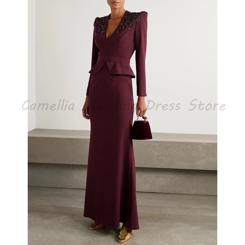 Luxury Wine Red Crepe Formal Gown Structured Shoulder Crystal Bead Embellishment Peplum Waist Slim Mermaid Maxi Party Dress
Luxury Wine Red Crepe Formal Gown Structured Shoulder Crystal Bead Embellishment Peplum Waist Slim Mermaid Maxi Party Dress